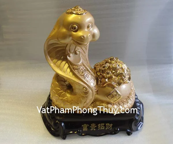 Rắn vàng kim,bồn tụ vàng, đế gỗ- Phú quý chiêu tài FE091